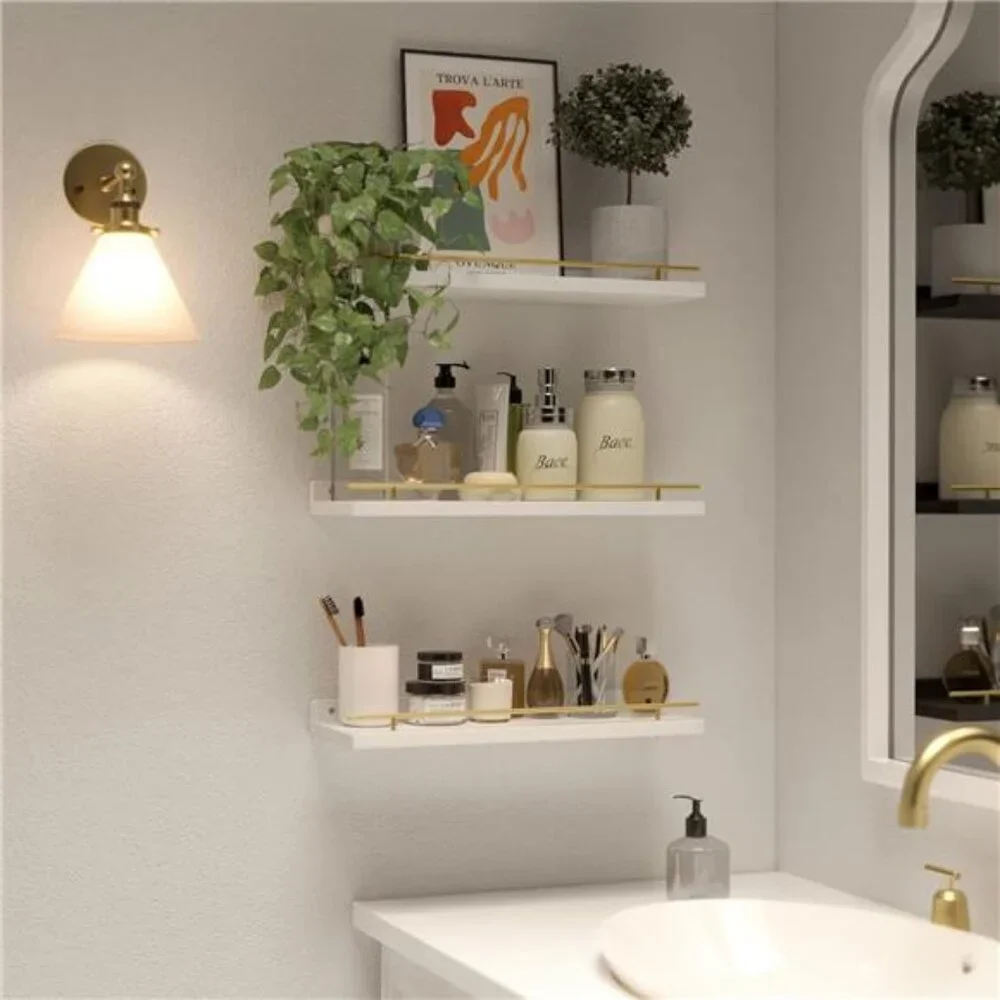 Floating Shelves with Gold Metal Guardrail, Shelves for Wall Decor Set of 3